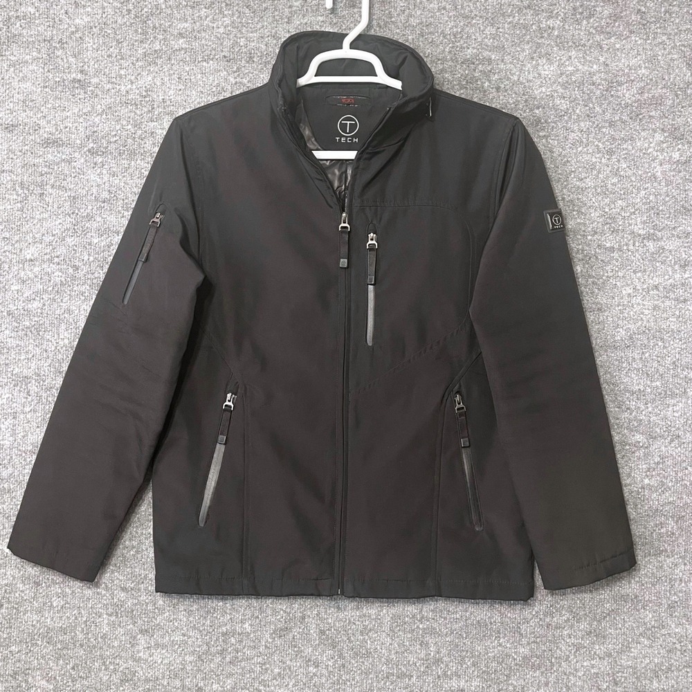 Tumi Tech Mens Small Black Softshell Jacket Full Zip Packable Hood RN128192